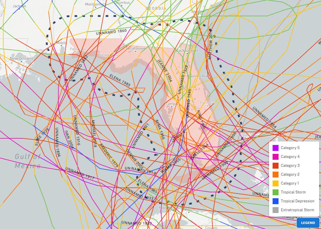 Florida hurricane tracks and inland retirement locations