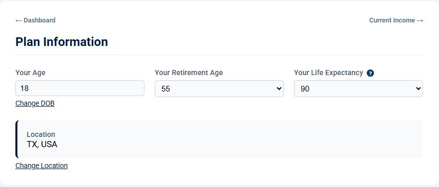 Retirementize showing current age 18, retirement age 55 and life expectancy 90