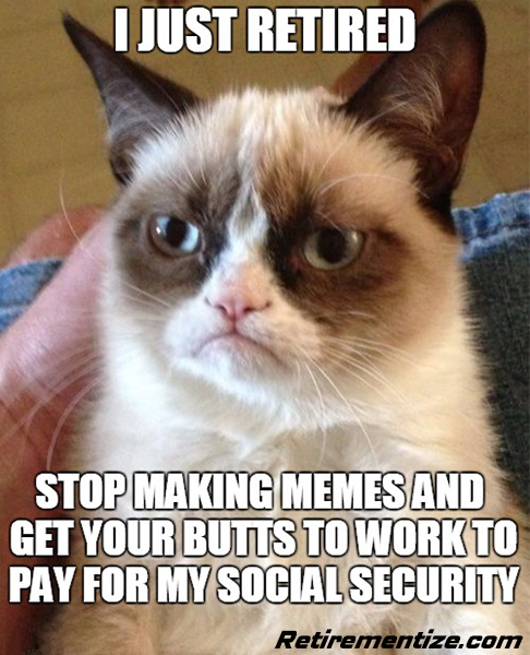 I just retired - Stop making memes and get your butts to work to pay for my social security. (Grumpy Cat)