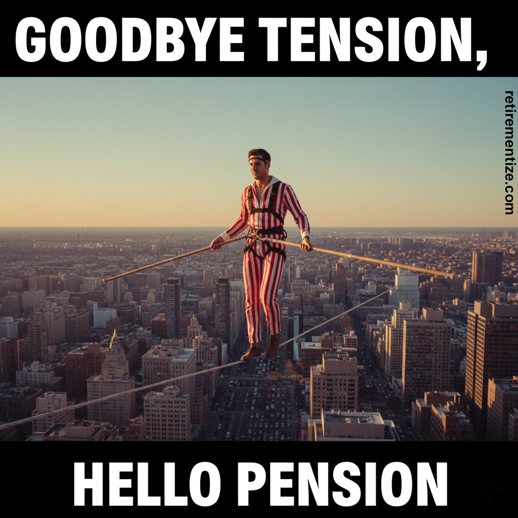 Goodbye tension, hello pension (Tight rope walker)