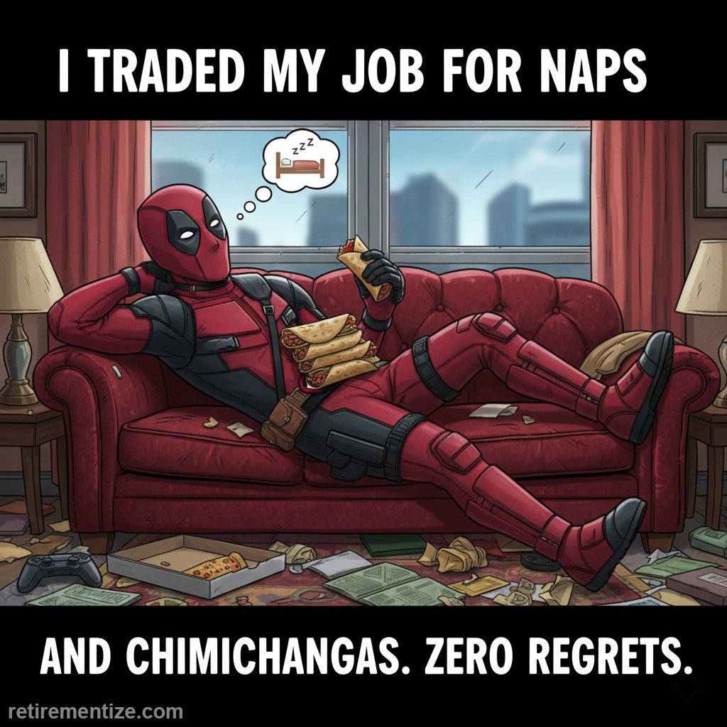 I traded my job for naps and chimichangas. Zero Regrets. (Deadpool on couch)