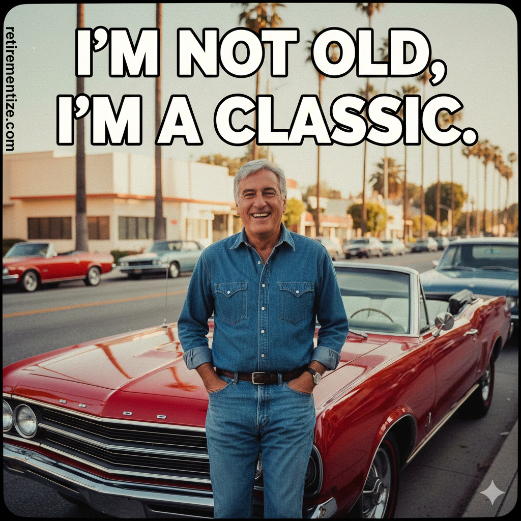 I'm not old, I'm a classic. (Jay Leno and classic car.)